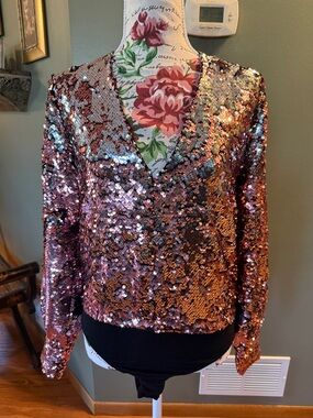 Buddy Love pink/ silver Sequin V-Neck Long Sleeve bodysuit